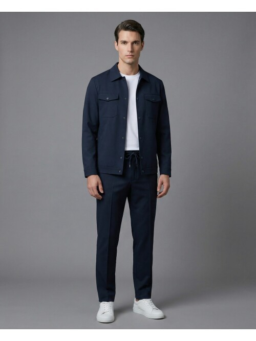 Navy Blue Comfort Fit Shirt Collar Safari Pocket Sporty Suit