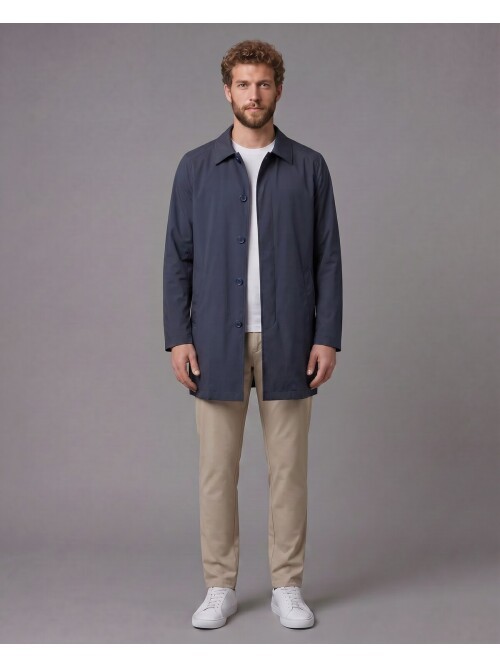 Lacivert Gömlek Yaka Beş Düğmeli Comfort Fit Tam Astarlı Yağmurluk