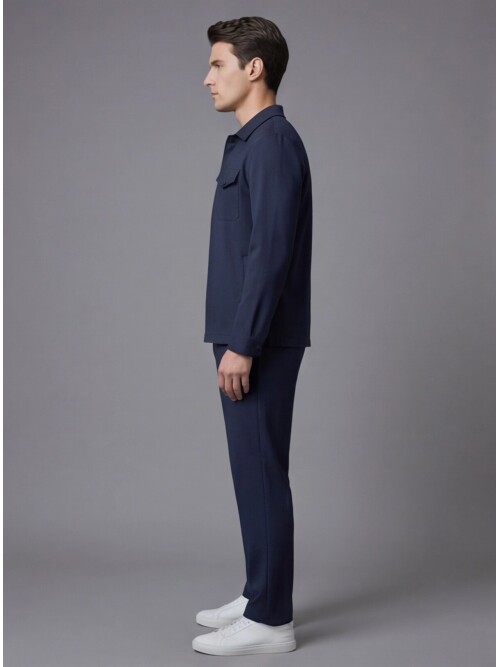 Lacivert Gömlek Yaka Safari Cep Comfort Fit Spor Takım