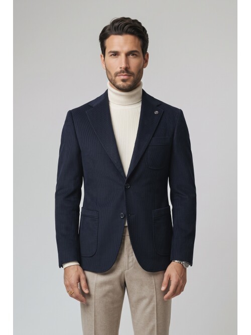 Lacivert Kadife Mono Yaka Slim Fit Ceket