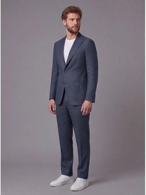 Lacivert Keten Sivri Yaka Comfort Fit Torba Cep 2 Düğme Takım Elbise