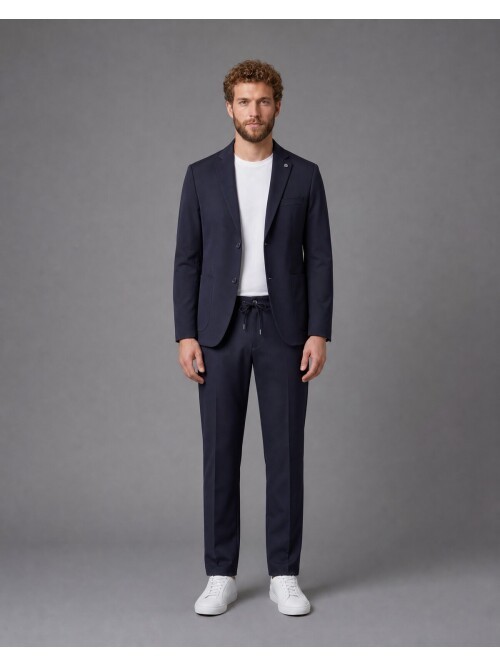Navy Blue Mono-Neck Suit with Patch Pockets