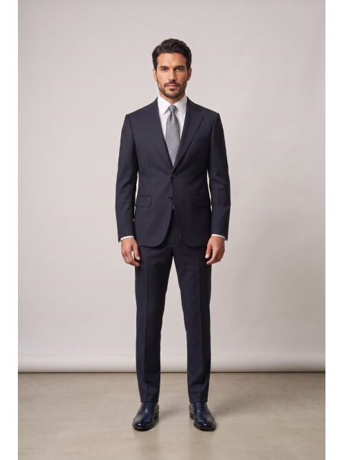 Navy Blue Notch Lapel Woolen 2 Button Comfort Fit Suit