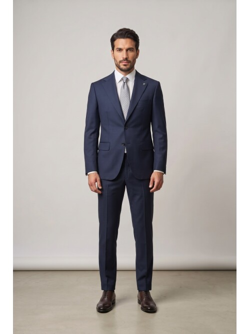 Navy Blue Notch Lapel Woolen 2 Button Comfort Fit Suit