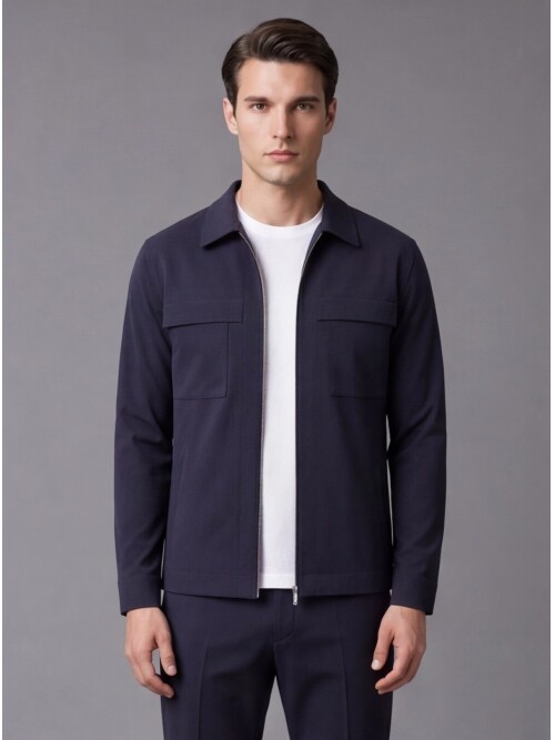 Navy Blue Zippered Safari Pocket Comfort Fit Casual Suit