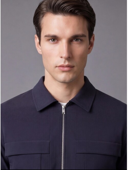 Navy Blue Zippered Safari Pocket Comfort Fit Casual Suit
