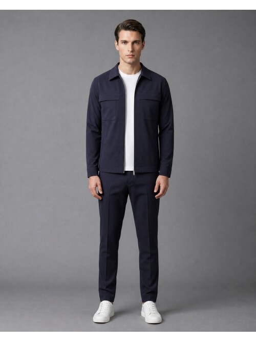 Navy Blue Zippered Safari Pocket Comfort Fit Casual Suit