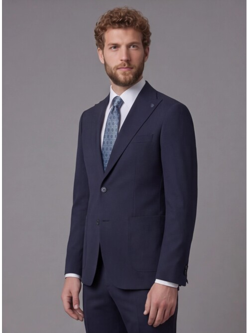 Navy Blue Peak Lapel Slim Fit 2-Button Patch Pocket Suit
