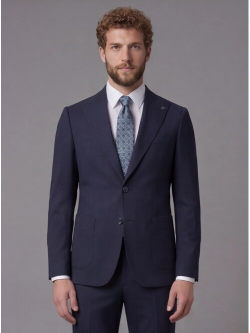 Navy Blue Peak Lapel Slim Fit 2-Button Patch Pocket Suit