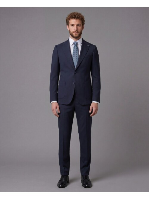 Navy Blue Peak Lapel Slim Fit 2-Button Patch Pocket Suit