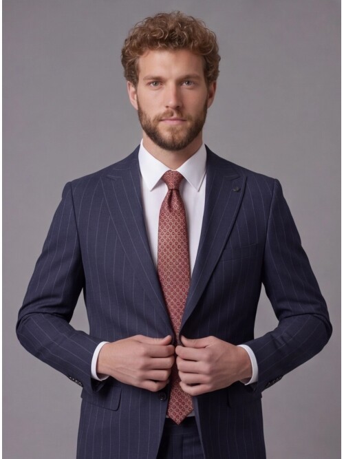 Lacivert Sivri Yaka Slim Fit Çizgili Takım Elbise