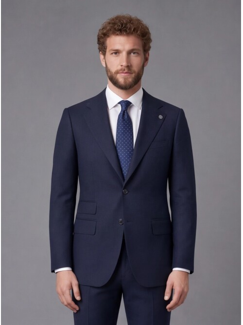 Lacivert Slim Fit Mono Yaka 2 Düğmeli Takım Elbise