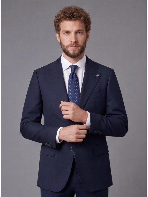 Lacivert Slim Fit Mono Yaka 2 Düğmeli Takım Elbise