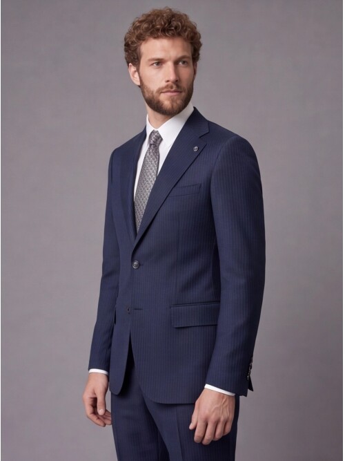 Lacivert Slim Fit Mono Yaka 2 Düğmeli Takım Elbise