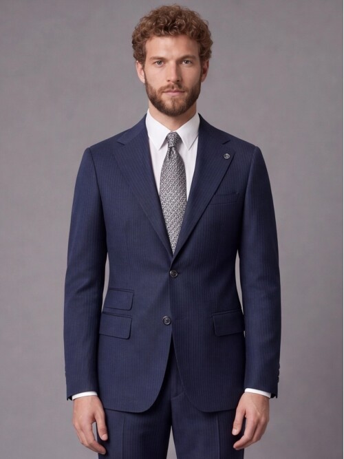 Lacivert Slim Fit Mono Yaka 2 Düğmeli Takım Elbise