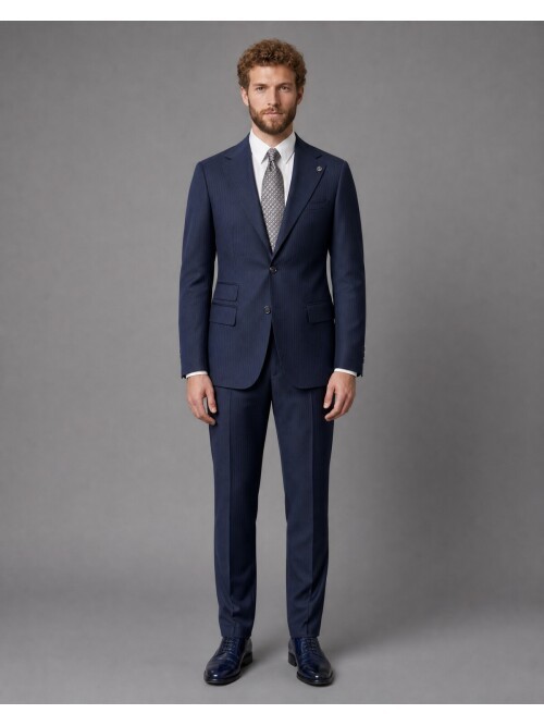 Lacivert Slim Fit Mono Yaka 2 Düğmeli Takım Elbise