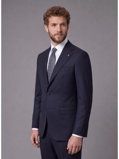 Lacivert Slim Fit Mono Yaka 2 Düğmeli Takım Elbise
