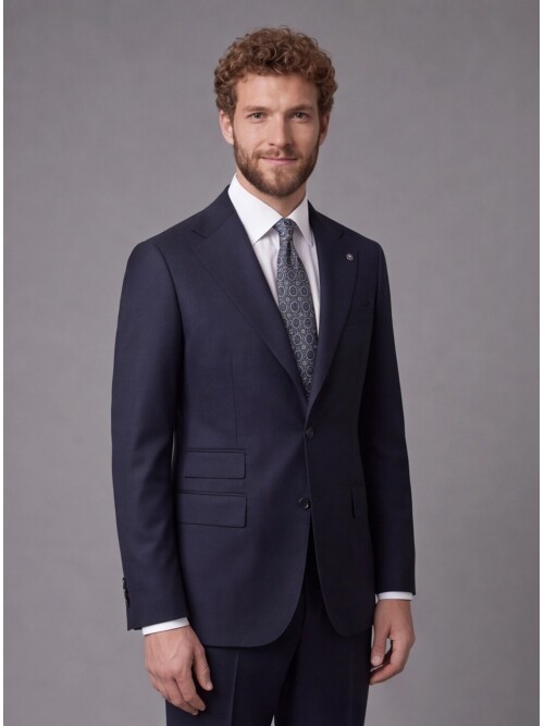 Lacivert Slim Fit Mono Yaka 2 Düğmeli Takım Elbise