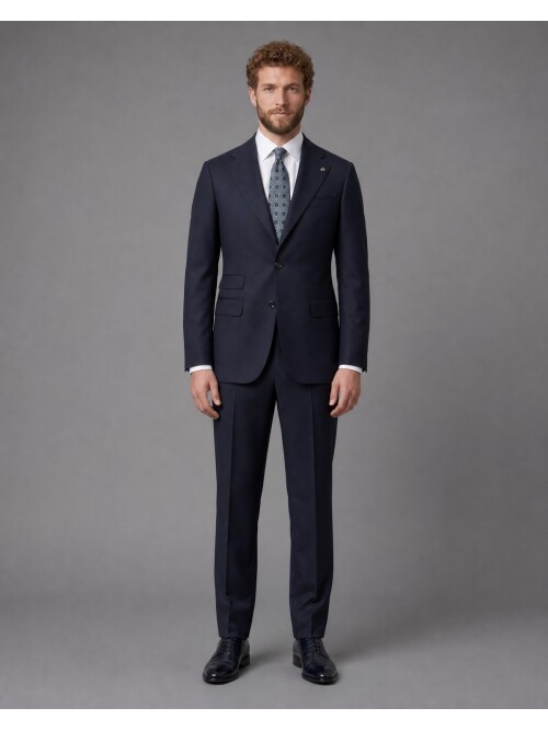 Lacivert Slim Fit Mono Yaka 2 Düğmeli Takım Elbise