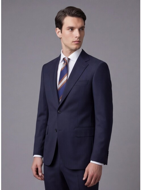 Navy Blue Wool Notch Lapel Comfort Fit Suit