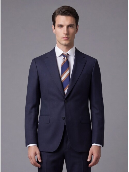 Navy Blue Wool Notch Lapel Comfort Fit Suit
