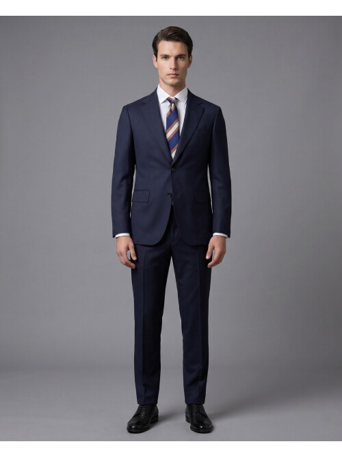 Navy Blue Wool Notch Lapel Comfort Fit Suit