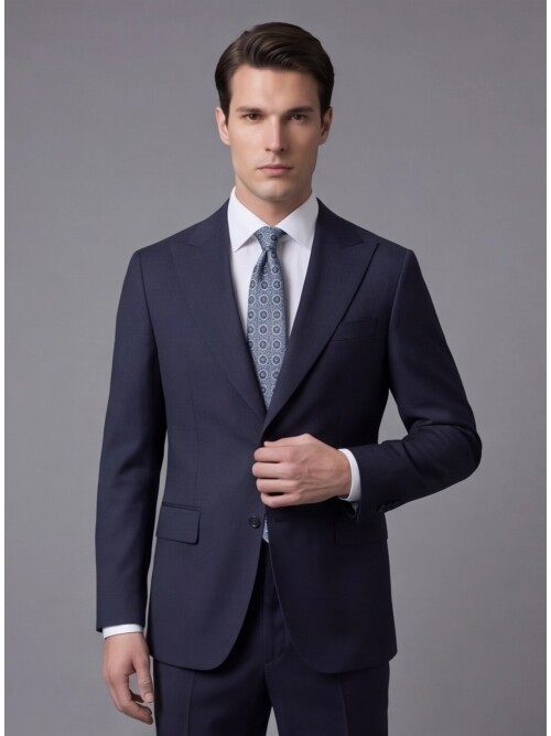 Lacivert Yünlü Sivri Yaka Comfort Fit Takım Elbise