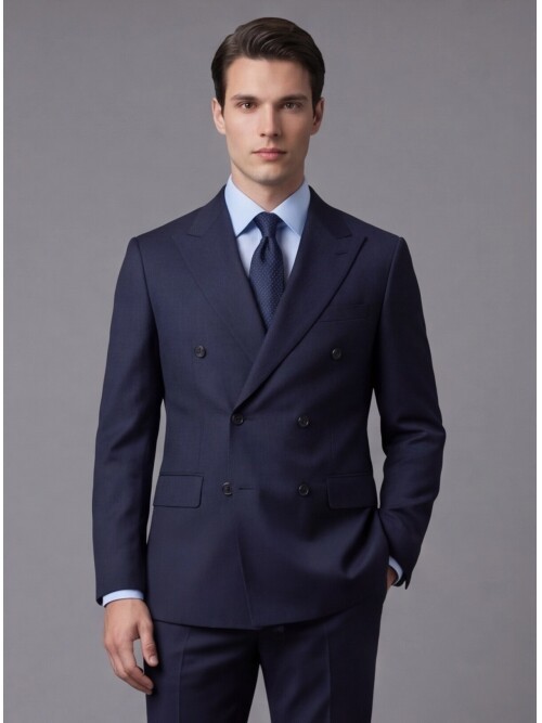 Lacivert Yünlü Sivri Yaka Kruvaze Comfort Fit Takım Elbise