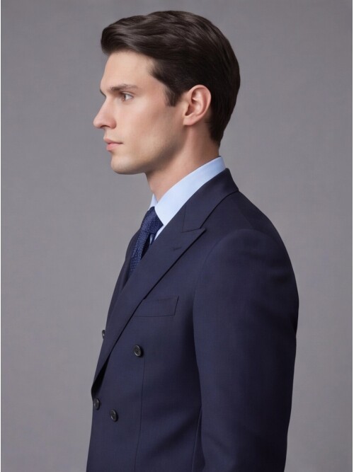 Lacivert Yünlü Sivri Yaka Kruvaze Comfort Fit Takım Elbise