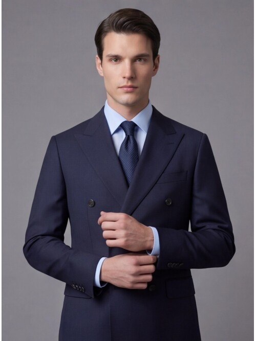 Lacivert Yünlü Sivri Yaka Kruvaze Comfort Fit Takım Elbise