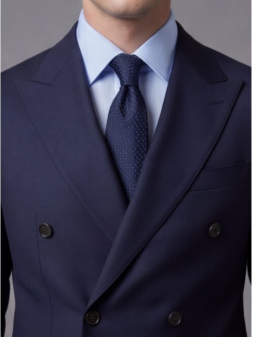 Lacivert Yünlü Sivri Yaka Kruvaze Comfort Fit Takım Elbise