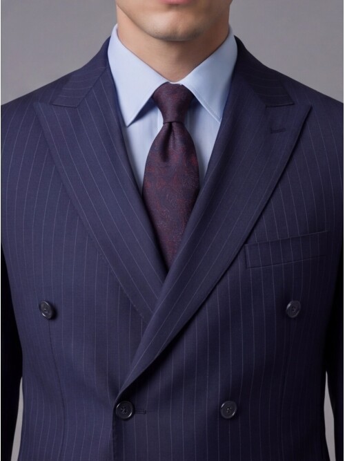 Lacivert Yünlü Sivri Yaka Kruvaze Regular Fit 6 Düğme Takım Elbise