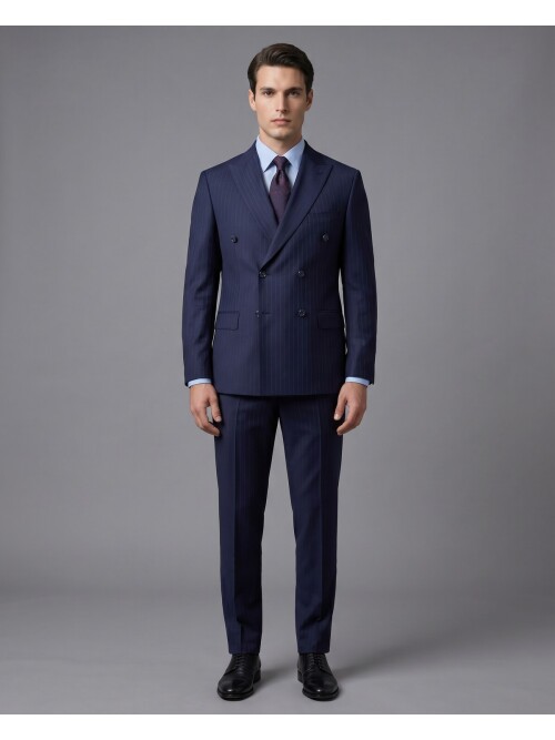 Lacivert Yünlü Sivri Yaka Kruvaze Regular Fit 6 Düğme Takım Elbise