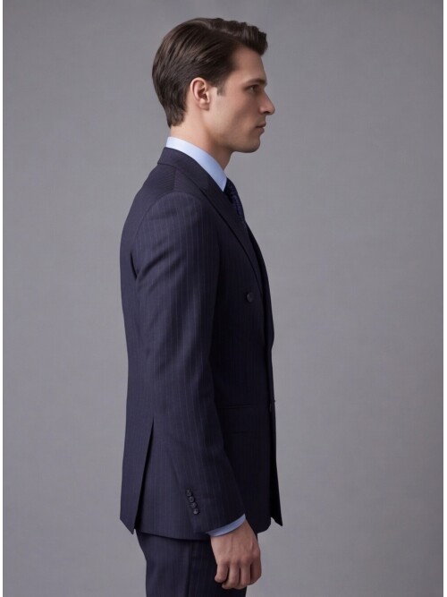 Lacivert Yünlü Sivri Yaka Kruvaze Regular Fit 6 Düğme Takım Elbise