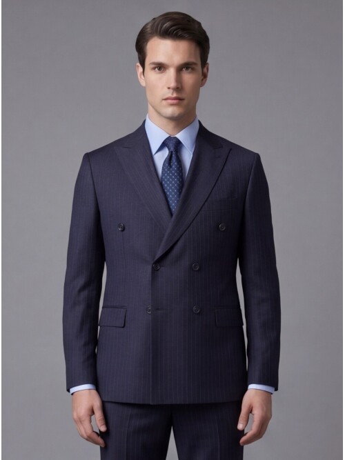 Lacivert Yünlü Sivri Yaka Kruvaze Regular Fit 6 Düğme Takım Elbise