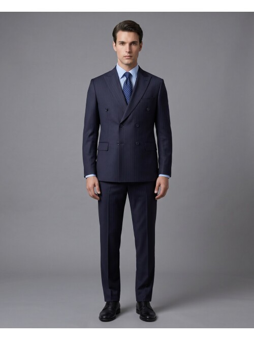 Lacivert Yünlü Sivri Yaka Kruvaze Regular Fit 6 Düğme Takım Elbise