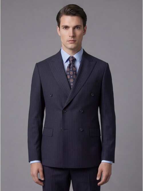 Lacivert Yünlü Sivri Yaka Kruvaze Regular Fit 6 Düğme Takım Elbise