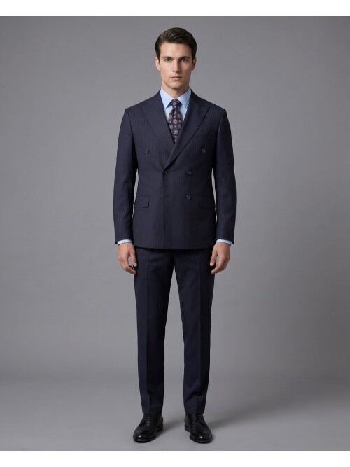 Lacivert Yünlü Sivri Yaka Kruvaze Regular Fit 6 Düğme Takım Elbise