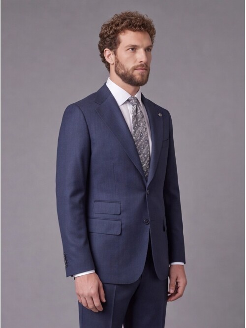 Mavi Çizgili Slim Fit Mono Yaka 2 Düğmeli Takım Elbise