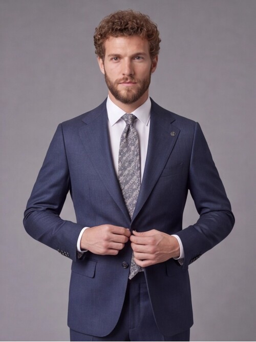 Mavi Çizgili Slim Fit Mono Yaka 2 Düğmeli Takım Elbise