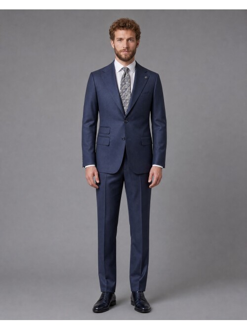 Mavi Çizgili Slim Fit Mono Yaka 2 Düğmeli Takım Elbise