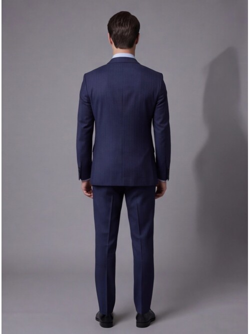 Mavi Çizgili Yünlü Sivri Yaka Regular Fit Takım Elbise