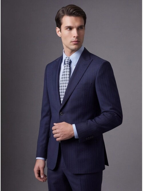 Mavi Çizgili Yünlü Sivri Yaka Regular Fit Takım Elbise