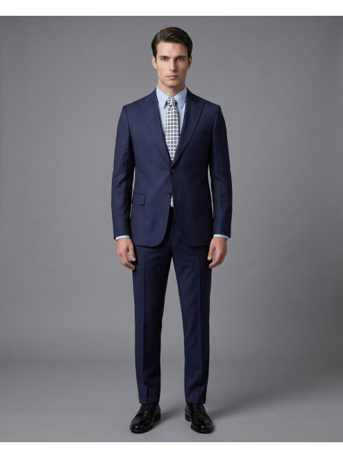 Mavi Çizgili Yünlü Sivri Yaka Regular Fit Takım Elbise