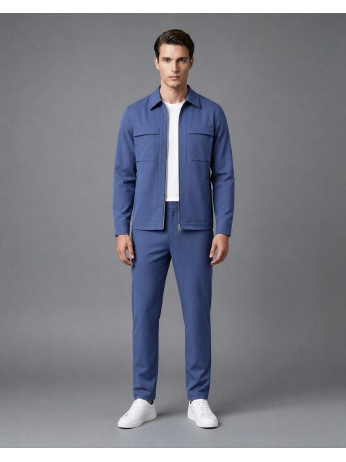 Blue Comfort Fit Zippered Safari Suit with Utility Pockets
