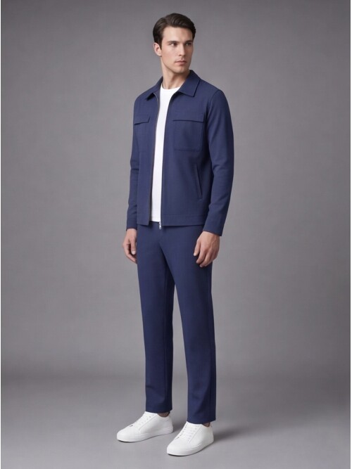Blue Comfort Fit Zippered Safari Suit with Pockets