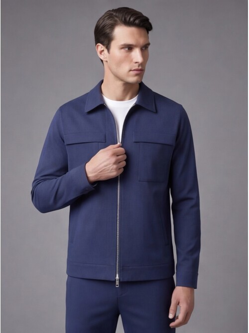 Blue Comfort Fit Zippered Safari Suit with Pockets