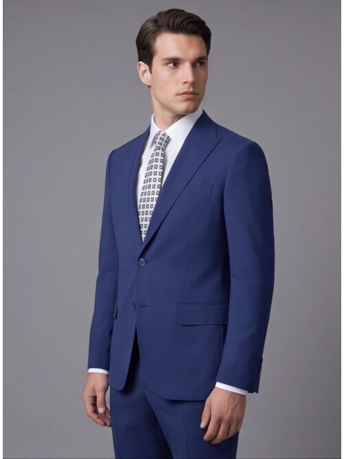 Mavi Sivri Yaka İki Düğmeli Slim Fit Takım Elbise