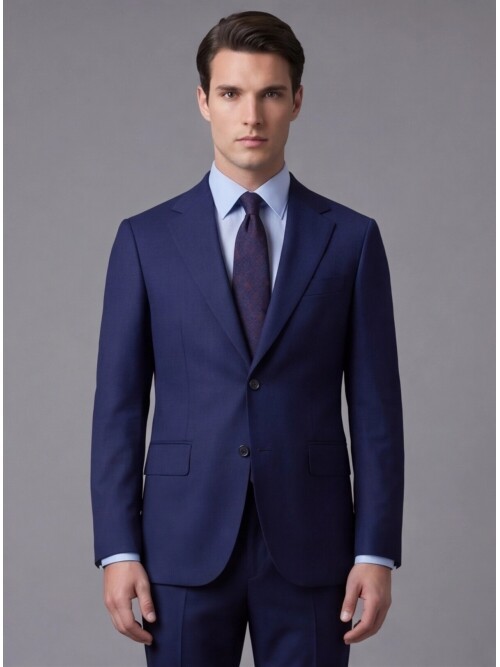 Mavi Yünlü Mono Yaka Comfort Fit Takım Elbise