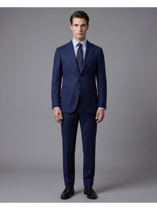 Mavi Yünlü Mono Yaka Comfort Fit Takım Elbise